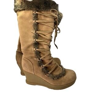 Roxy Kenai Boots Womens 8.5 Tan Good Suede Faux Fur Wedge Lace Up Side Zip